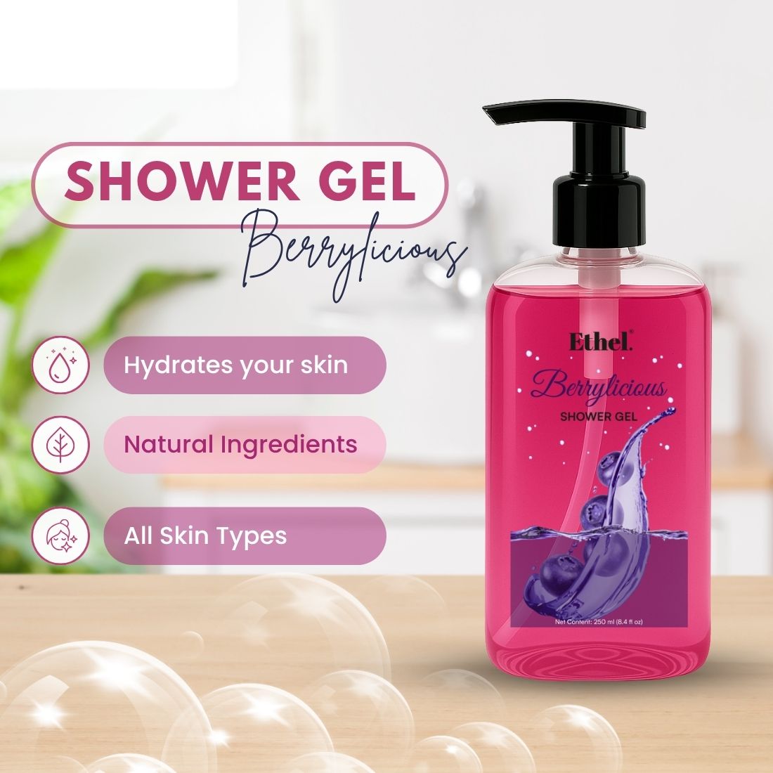 Ethel Body Wash Refreshing Shower Gel for Deep Cleansing, Hydrating, Moisturising, Softer & Smoother Skin | Fruity Berry Fragrance (Berrylicious)