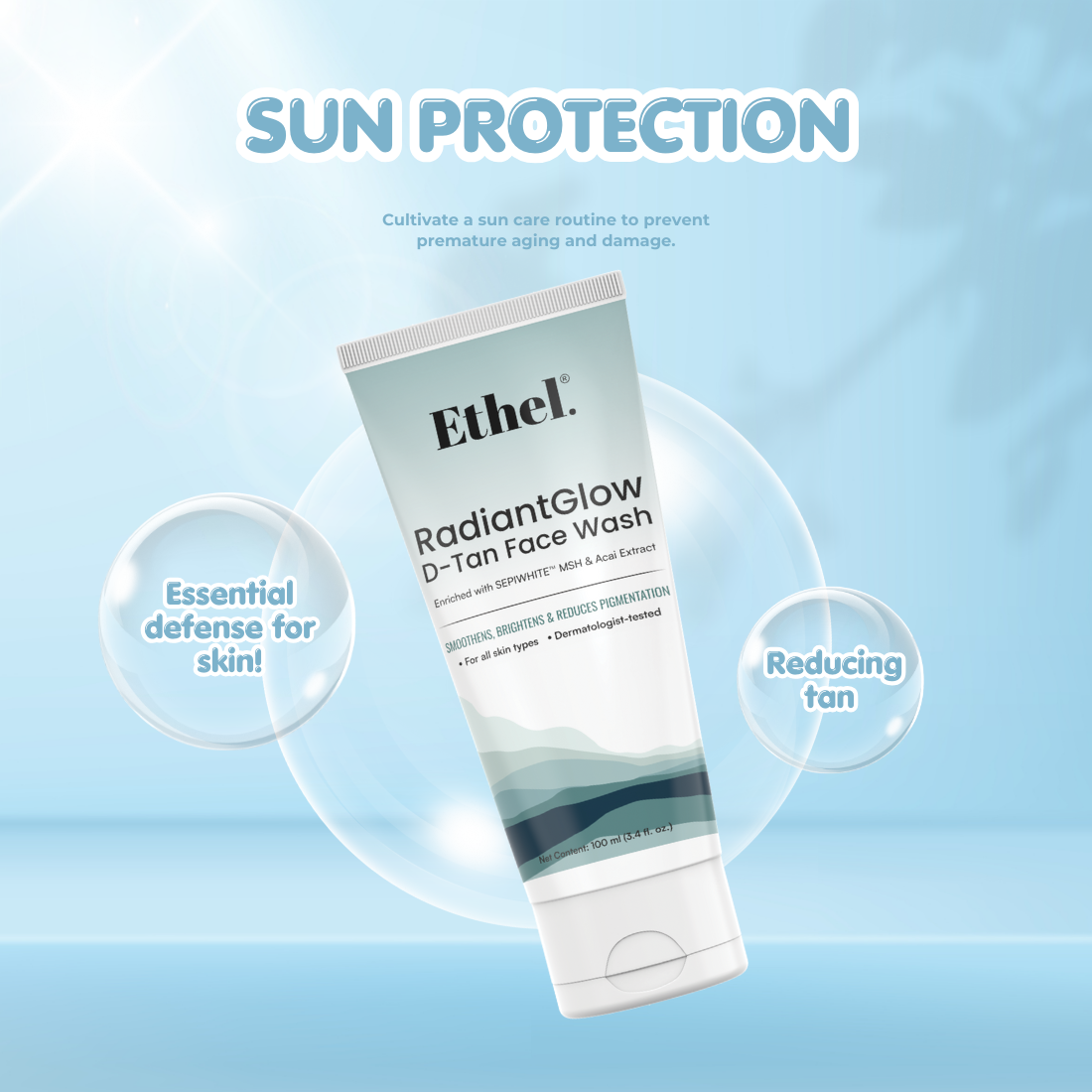 Ethel Radiant Glow D-Tan Facewash | Enriched with Sepiwhite & Acai Extract | Tan Removal & Skin Brightening | Deep Cleansing & Hydrating Face Wash | Suitable for All Skin Types | 100ml