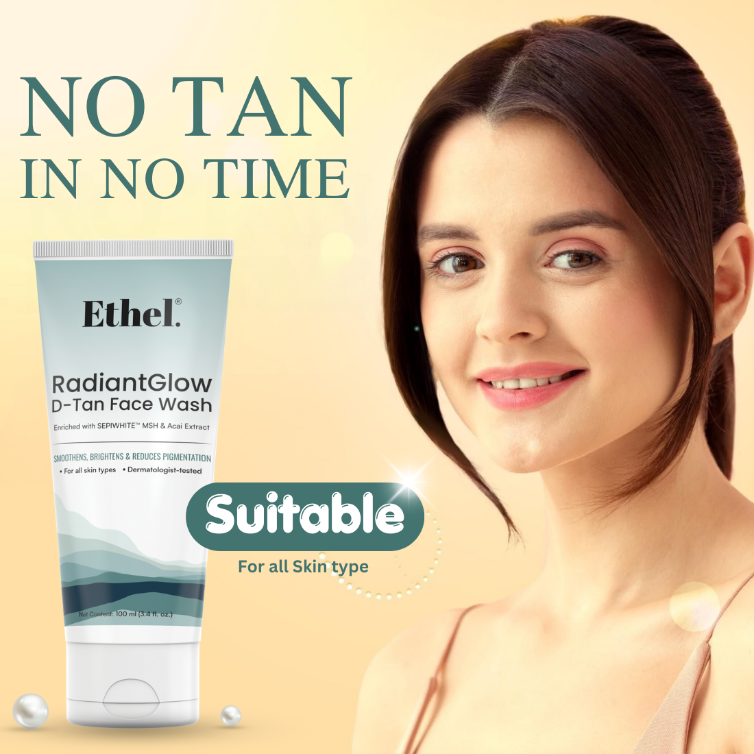 Ethel Radiant Glow D-Tan Facewash | Enriched with Sepiwhite & Acai Extract | Tan Removal & Skin Brightening | Deep Cleansing & Hydrating Face Wash | Suitable for All Skin Types | 100ml